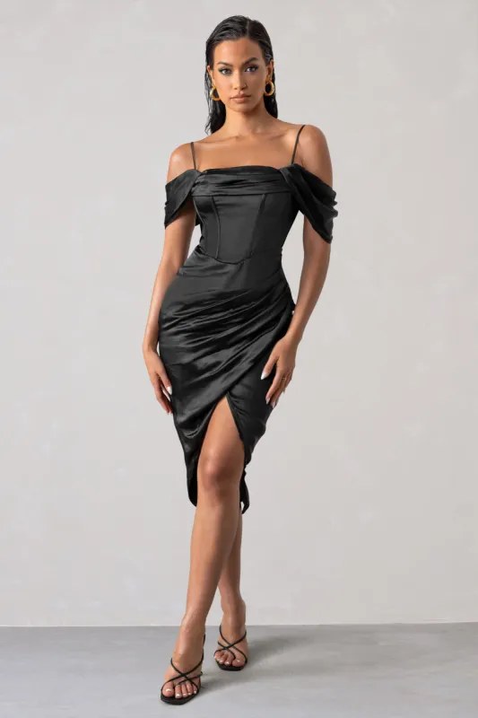 Deserving | Black Satin Bardot Sleeve Corset Wrap Midi Dress sold by Club L London