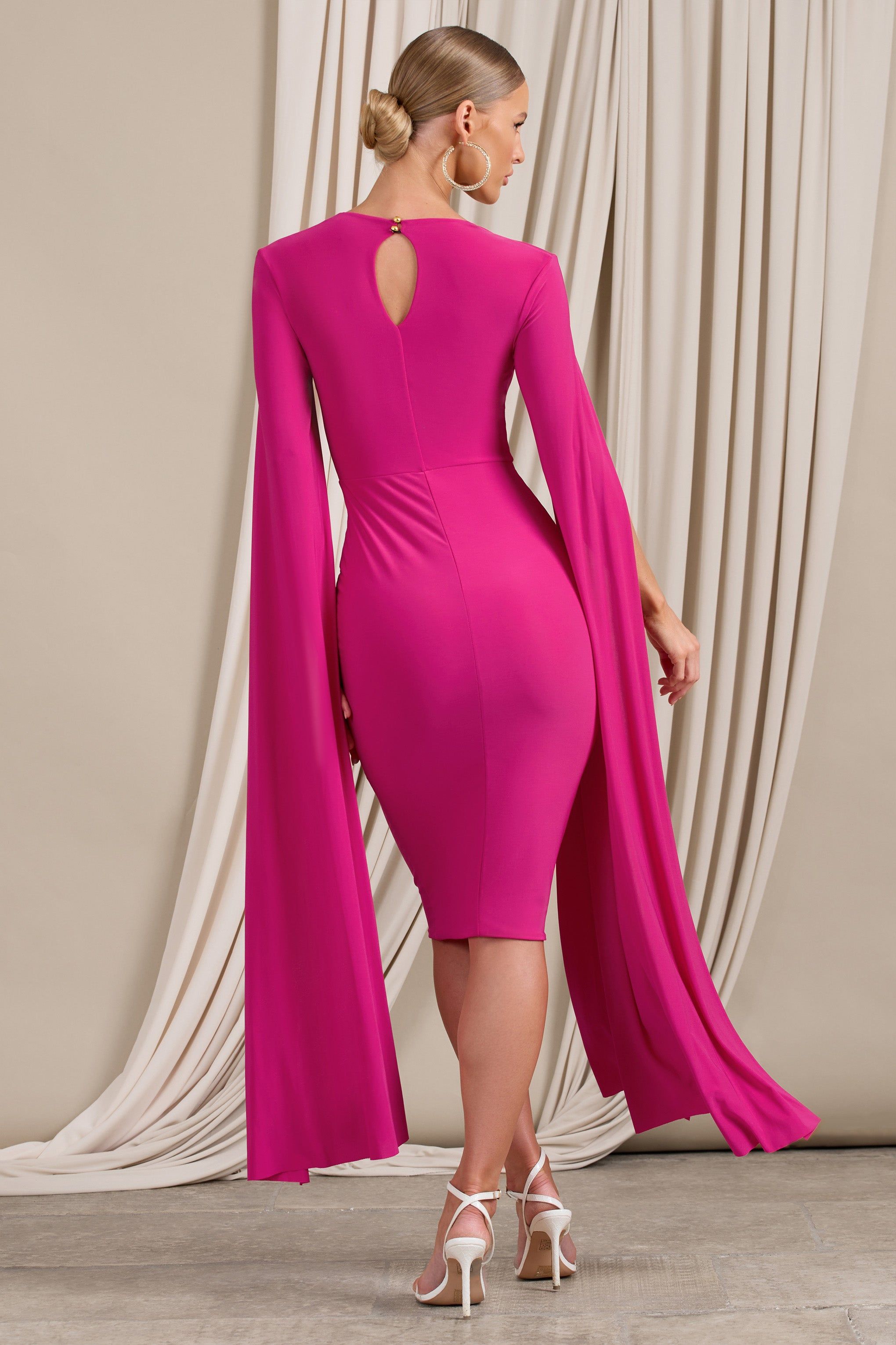 Flawless | Hot Pink Square Neck Midi Dress With Cape Sleeves sold by Club L London product image thumbnail 2