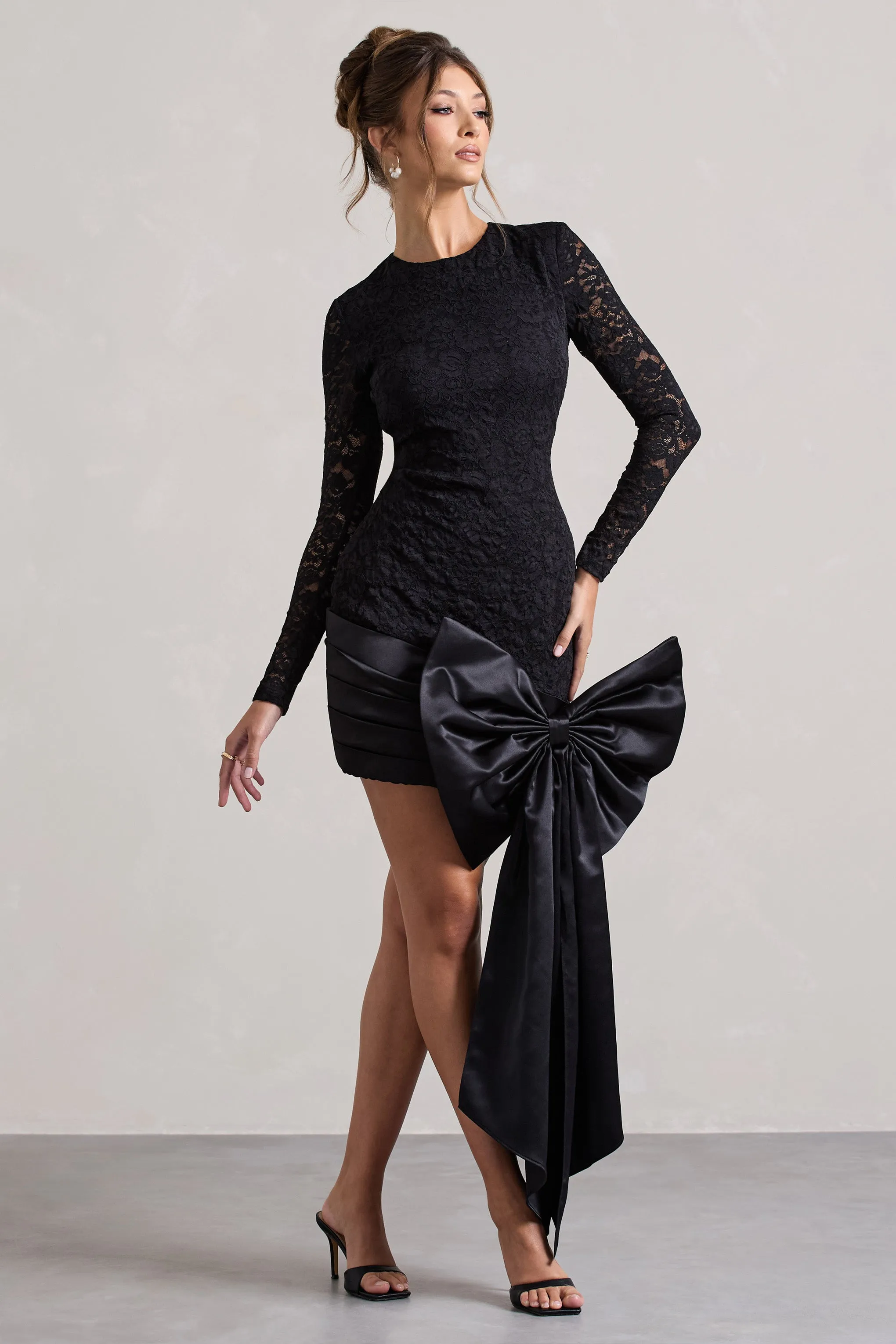 Evry | Black Lace Long-Sleeve Mini Dress With Oversized Satin Bow sold by Club L London product image thumbnail 4