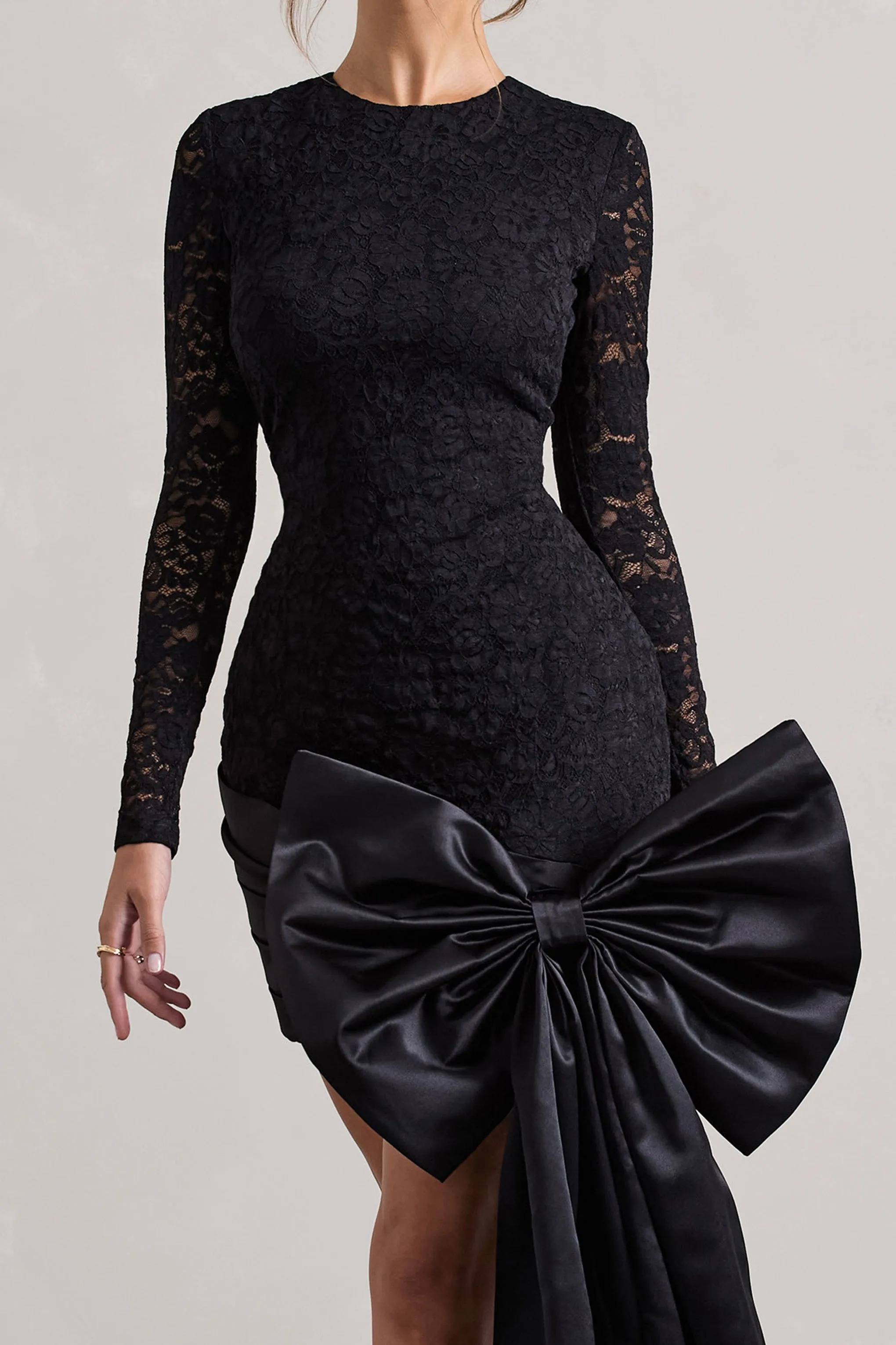 Evry | Black Lace Long-Sleeve Mini Dress With Oversized Satin Bow sold by Club L London product image thumbnail 3