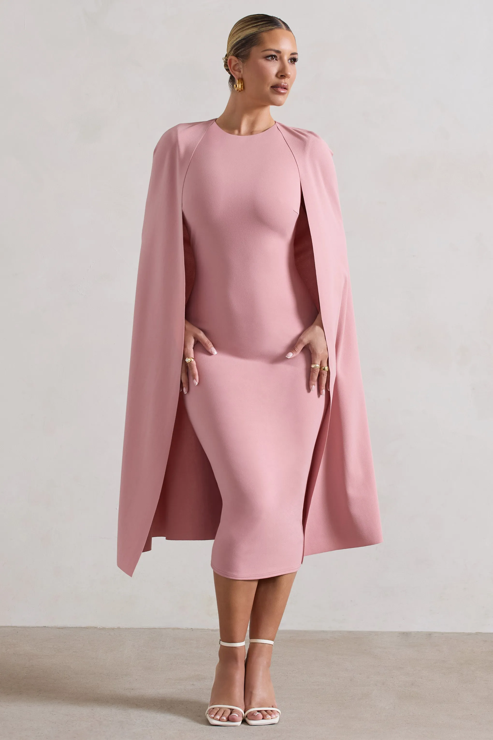 Rafaela | Blush Pink Bodycon Midi Dress With Cape Sleeves sold by Club L London product image thumbnail 4