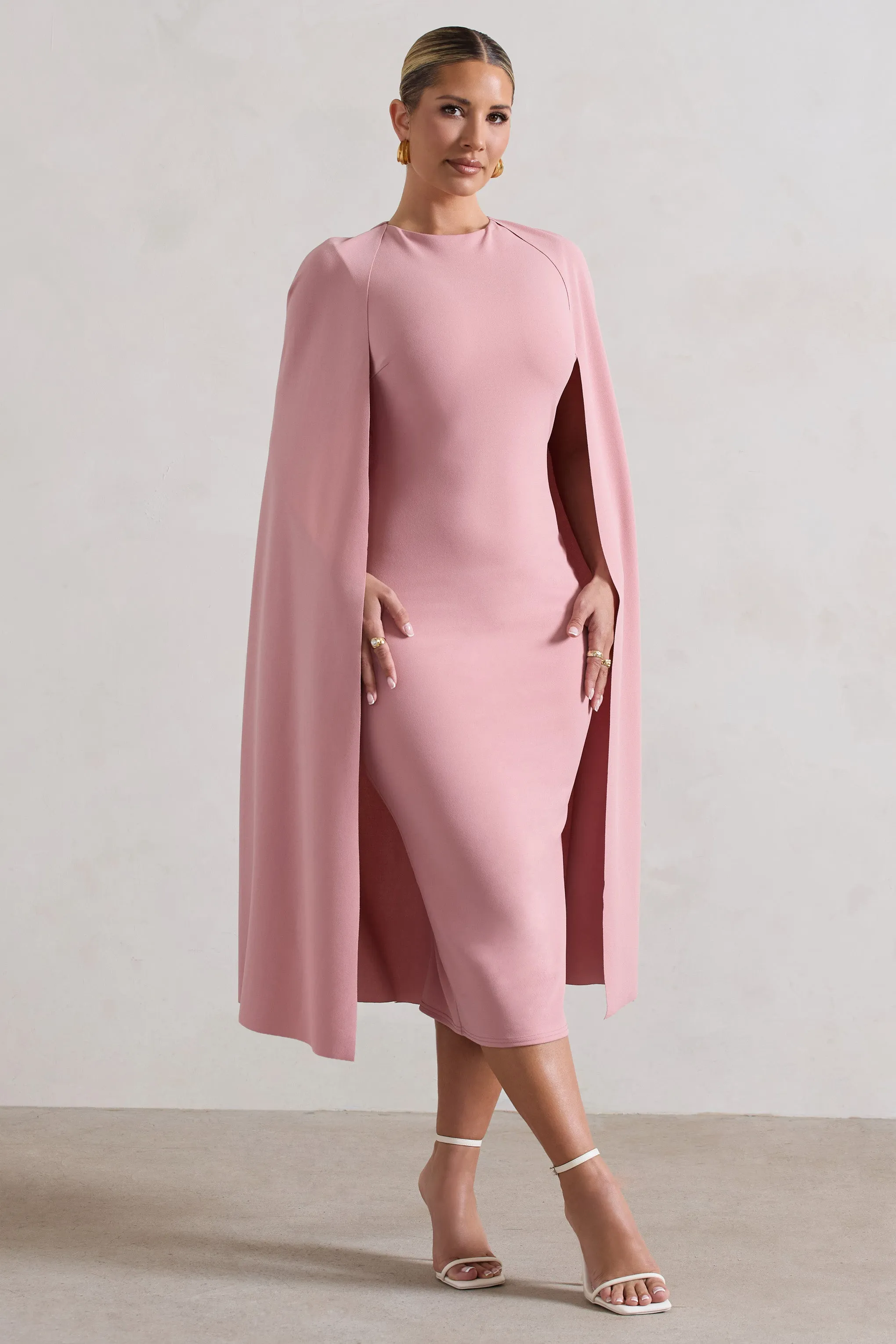 Rafaela | Blush Pink Bodycon Midi Dress With Cape Sleeves sold by Club L London product image thumbnail 5