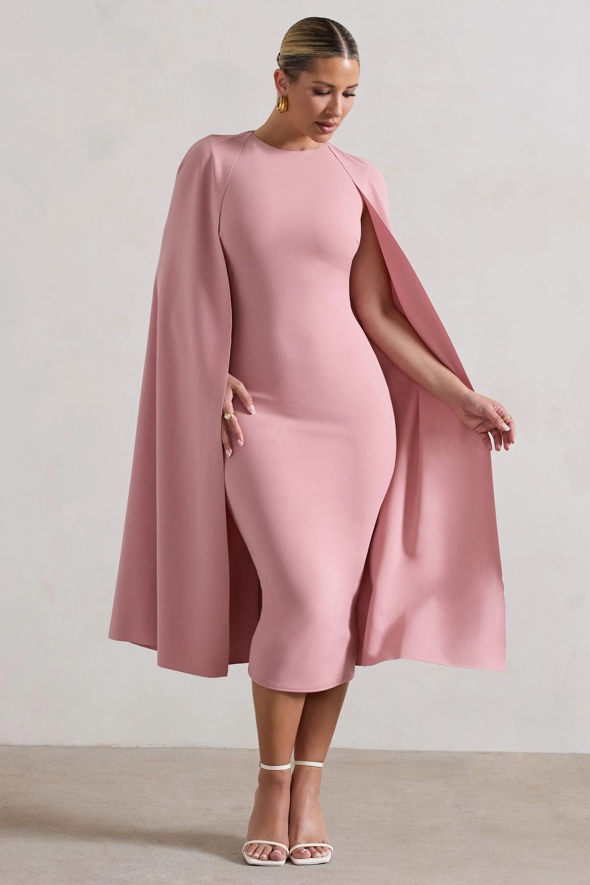 Rafaela | Blush Pink Bodycon Midi Dress With Cape Sleeves sold by Club L London