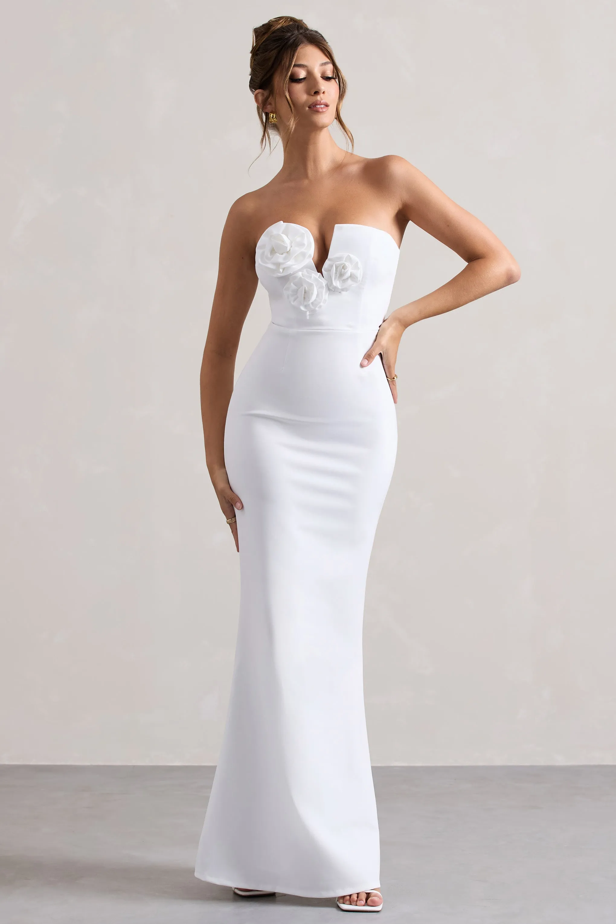 Enticed | White Strapless V-Neck Maxi Dress With Flowers sold by Club L London product image thumbnail 5