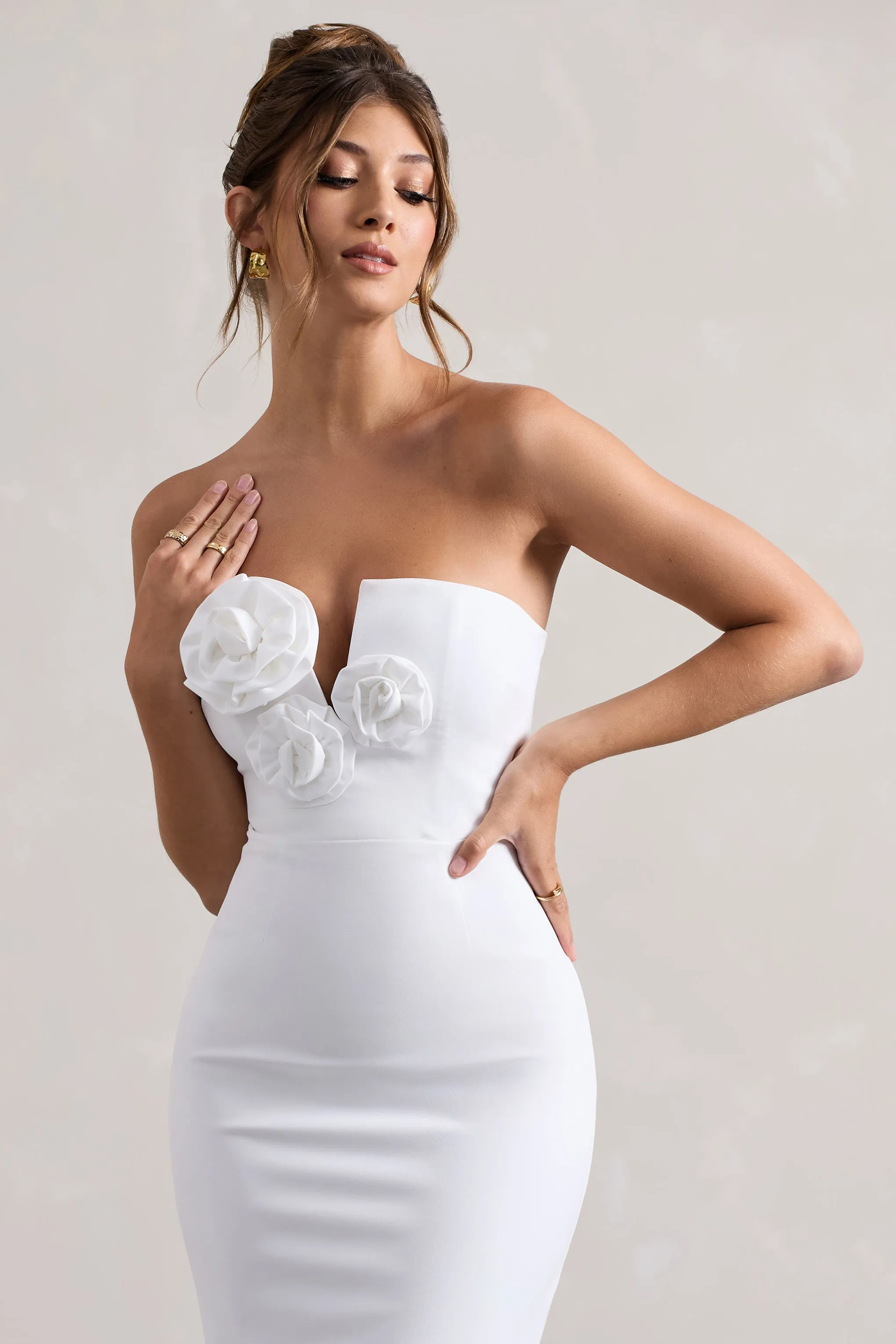 Enticed | White Strapless V-Neck Maxi Dress With Flowers sold by Club L London product image thumbnail 3