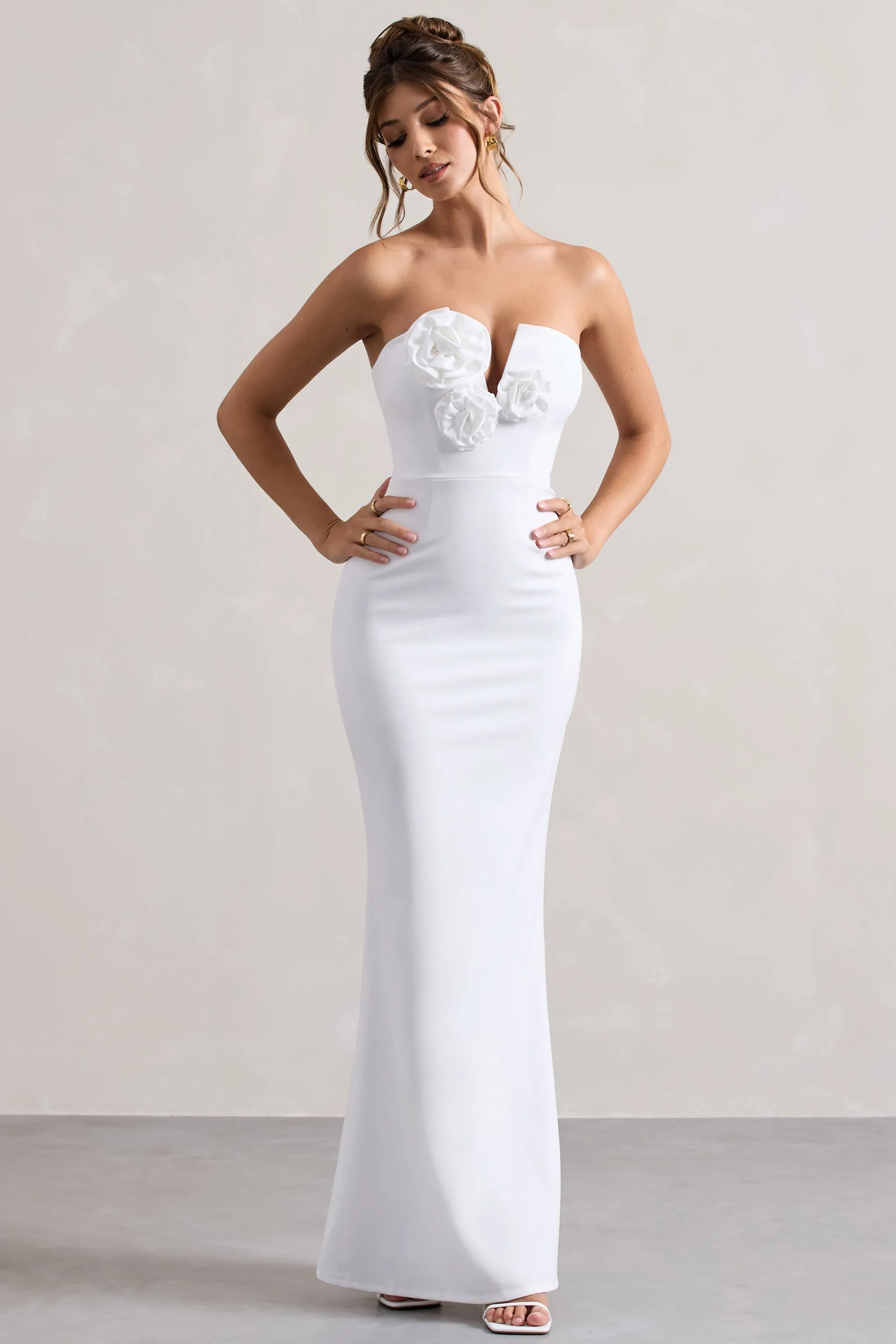 Enticed | White Strapless V-Neck Maxi Dress With Flowers sold by Club L London