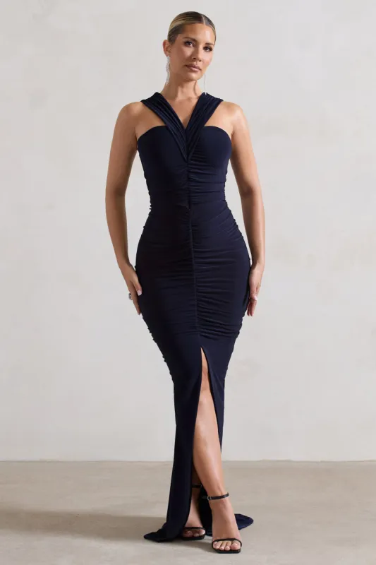 Aida | Navy Ruched V-Neck Split Maxi Dress sold by Club L London