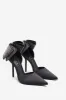 Flashing Lights | Black Satin Pointed Court Heels With Diamante Bows sold by Club L London