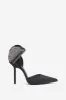 Flashing Lights | Black Satin Pointed Court Heels With Diamante Bows sold by Club L London