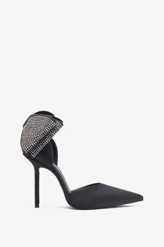 Flashing Lights | Black Satin Pointed Court Heels With Diamante Bows sold by Club L London