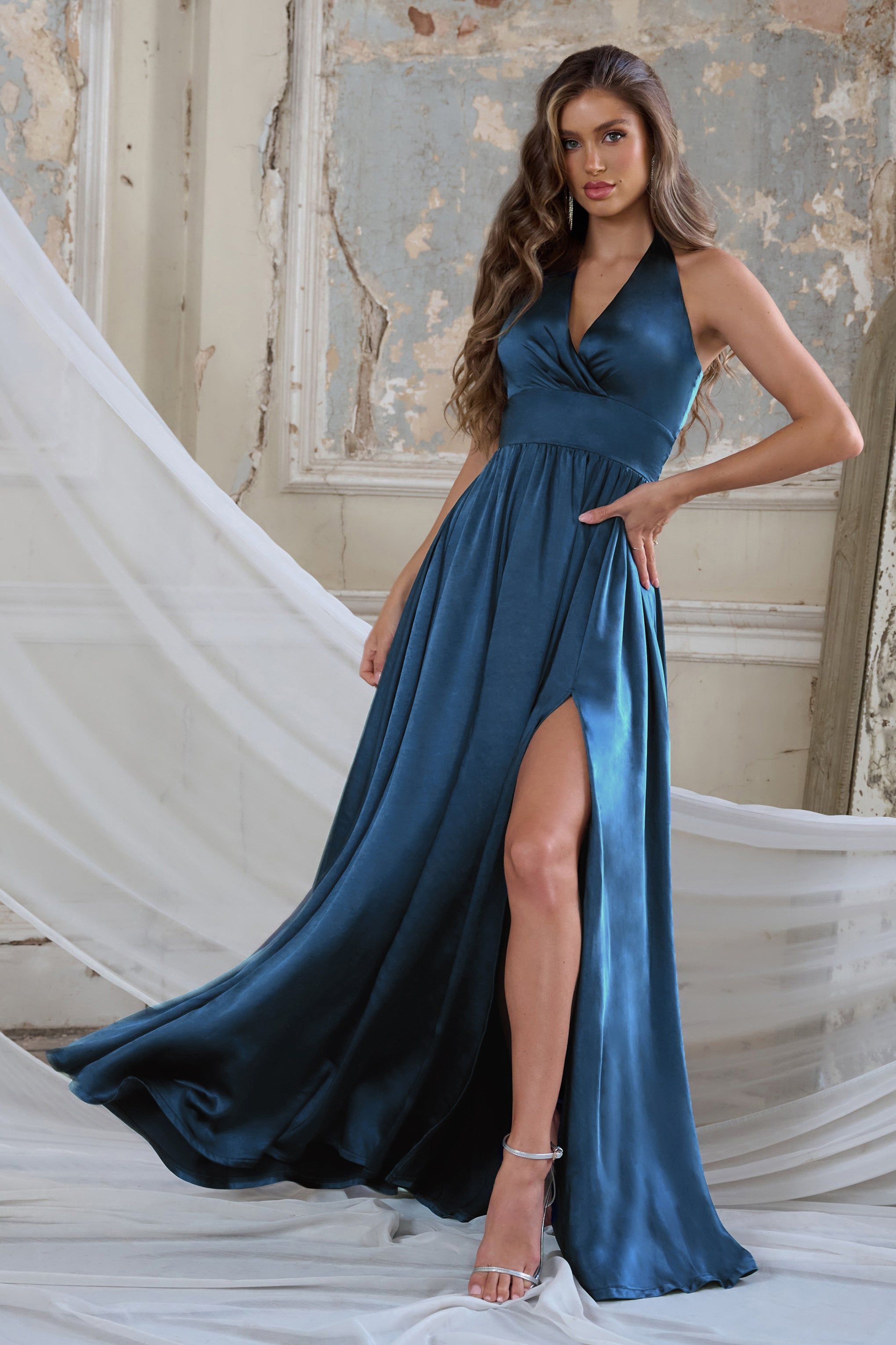 Darling | Navy Satin Halter Neck Bow Back Thigh Split Maxi Dress sold by Club L London product image thumbnail 3
