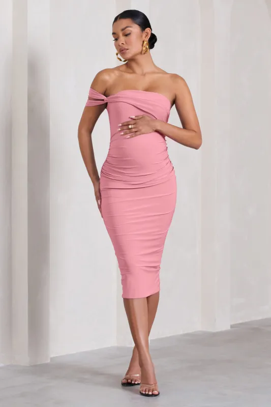Eviana | Blush Pink Bodycon Sleeveless Twist Maternity Midi Dress sold by Club L London