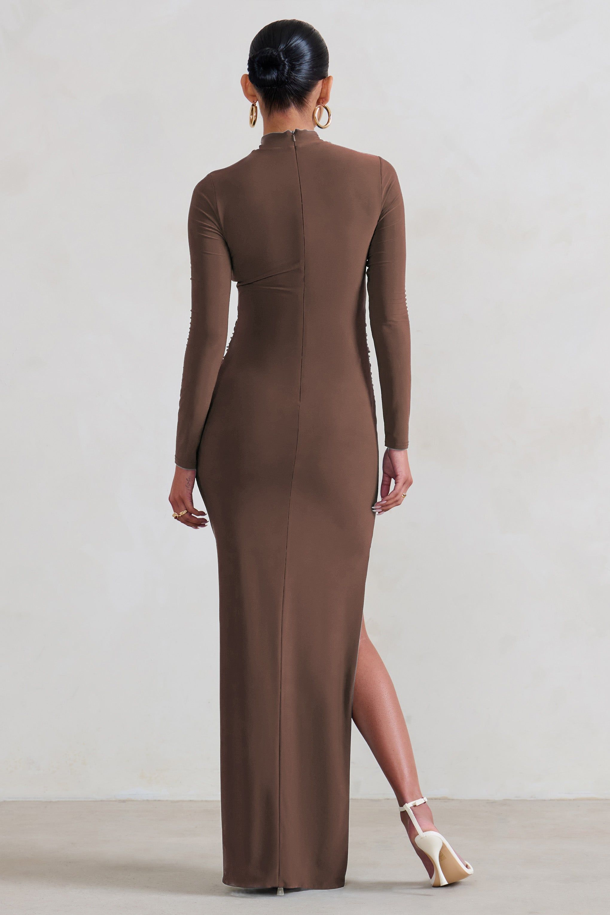 Alejandra | Brown Maternity Long Sleeve High Neck Maxi Dress sold by Club L London product image thumbnail 2