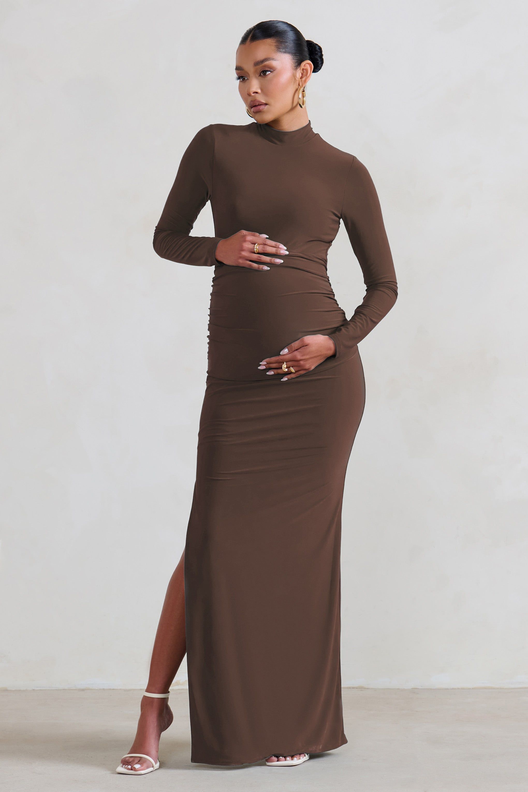 Alejandra | Brown Maternity Long Sleeve High Neck Maxi Dress sold by Club L London product image thumbnail 4