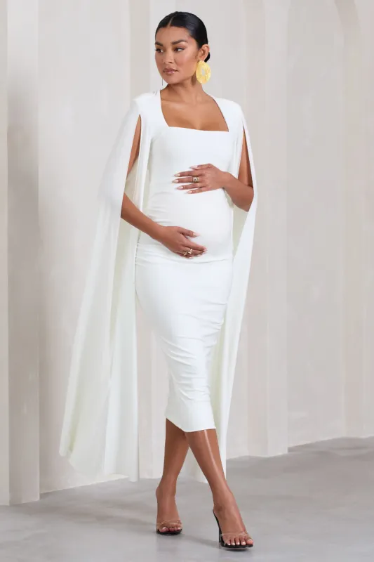 Flawless | White Maternity Square Neck Midi Dress With Cape Sleeves sold by Club L London