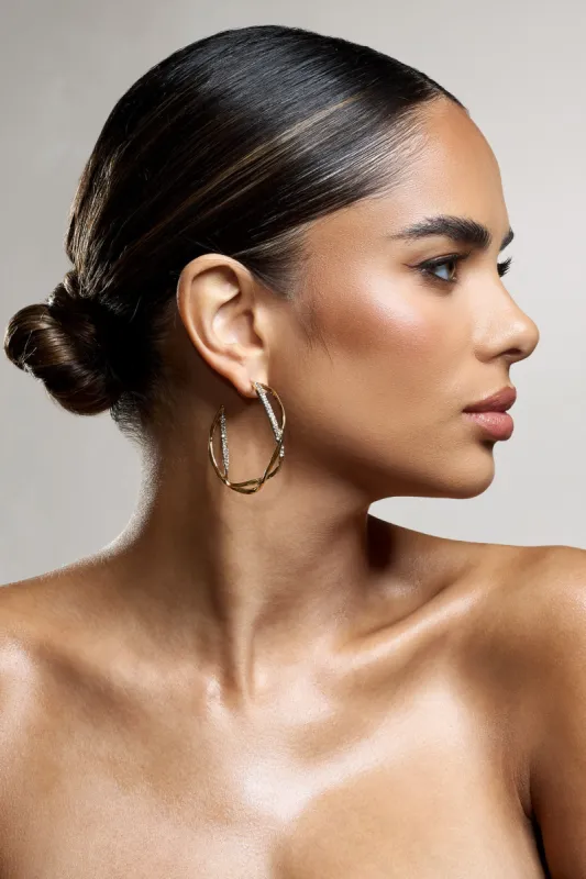 Lova | Gold Diamante Twisted Hoop Earrings sold by Club L London