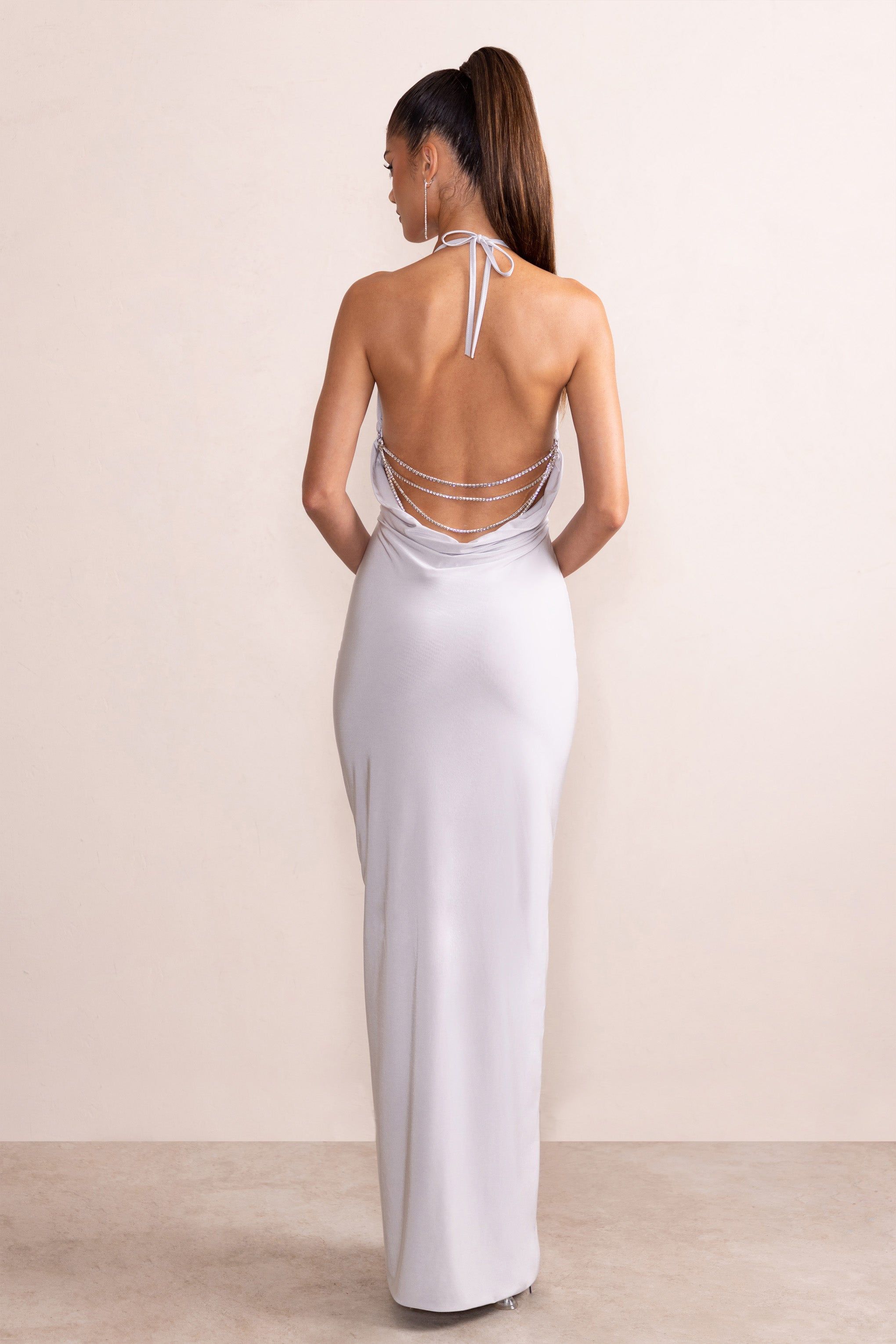 Amira | Silver Plunge Neck Cowl Back Maxi Dress With Diamante Trim sold by Club L London product image thumbnail 2