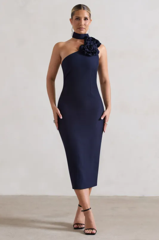 The Soiree | Navy Bodycon Midi Dress With Ruffled Choker sold by Club L London