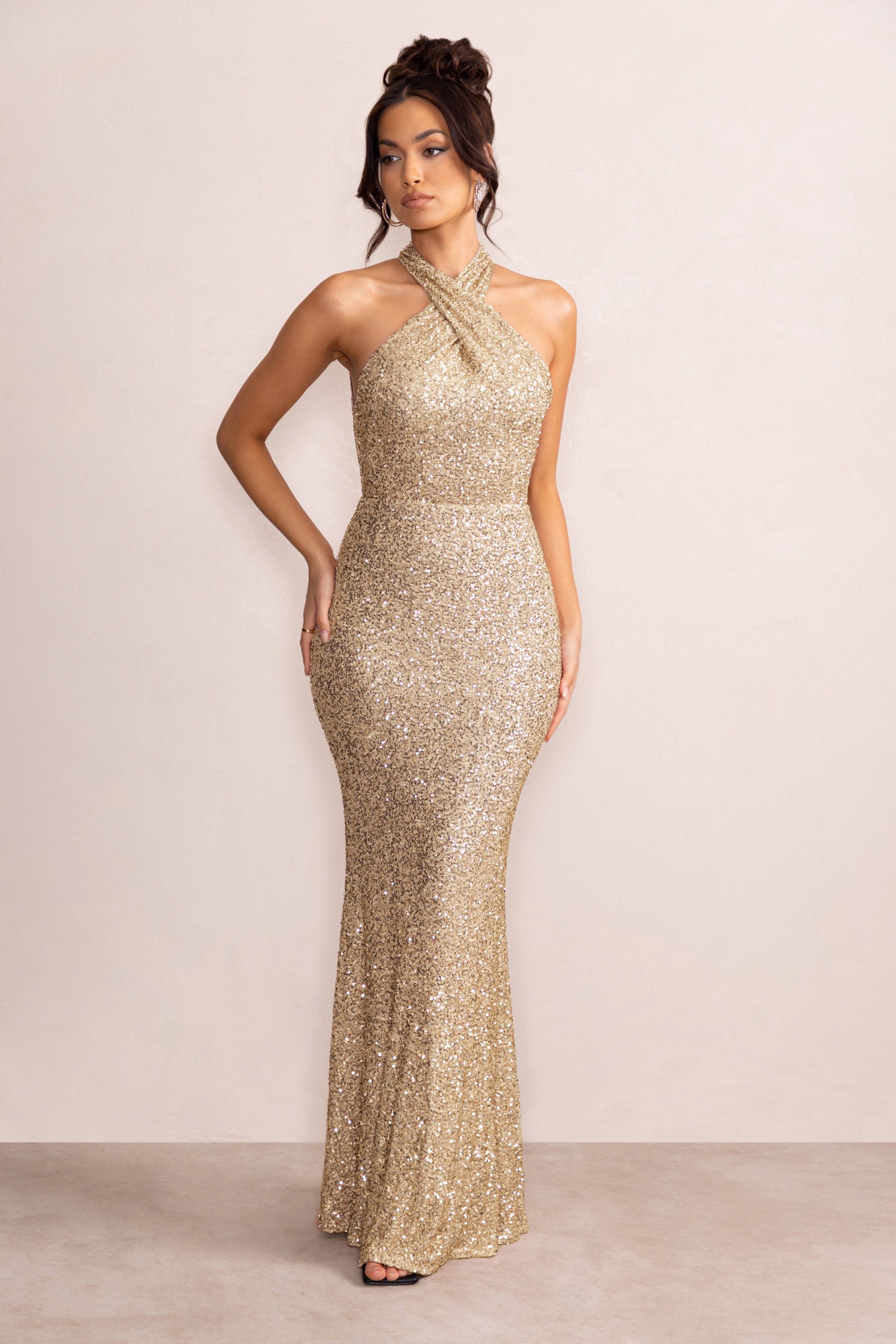 Mina | Champagne Sequin Cross Over Halterneck Maxi Dress sold by Club L London product image thumbnail 5