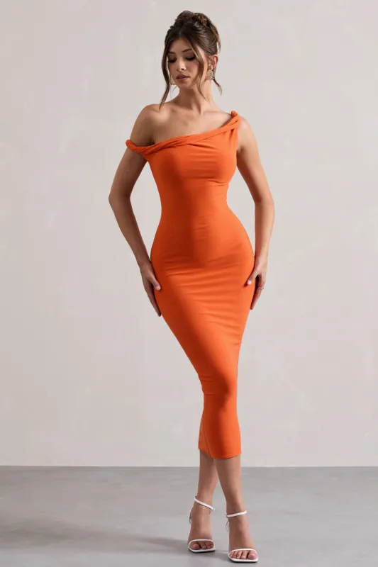 Salome | Orange Twisted Asymmetric Midi Dress sold by Club L London