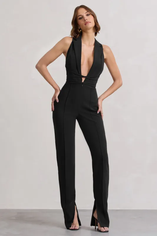 Darcy | Black Plunge Neck Tailored Jumpsuit With Tie Detail sold by Club L London