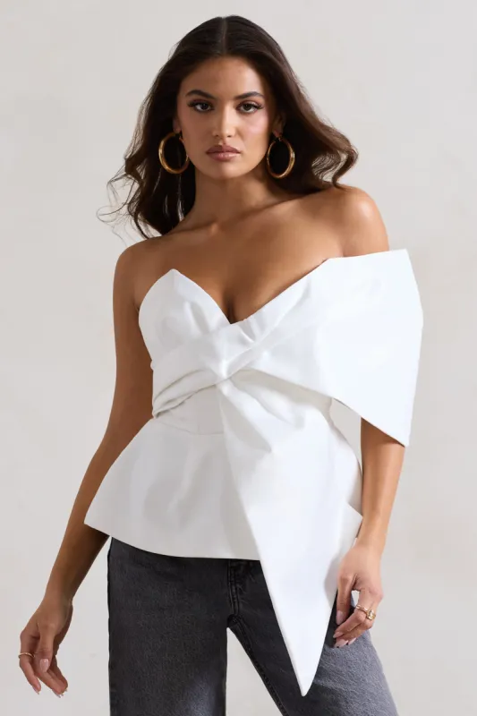 Mayfair | White Asymmetric Bardot Top With Peplum Hem sold by Club L London