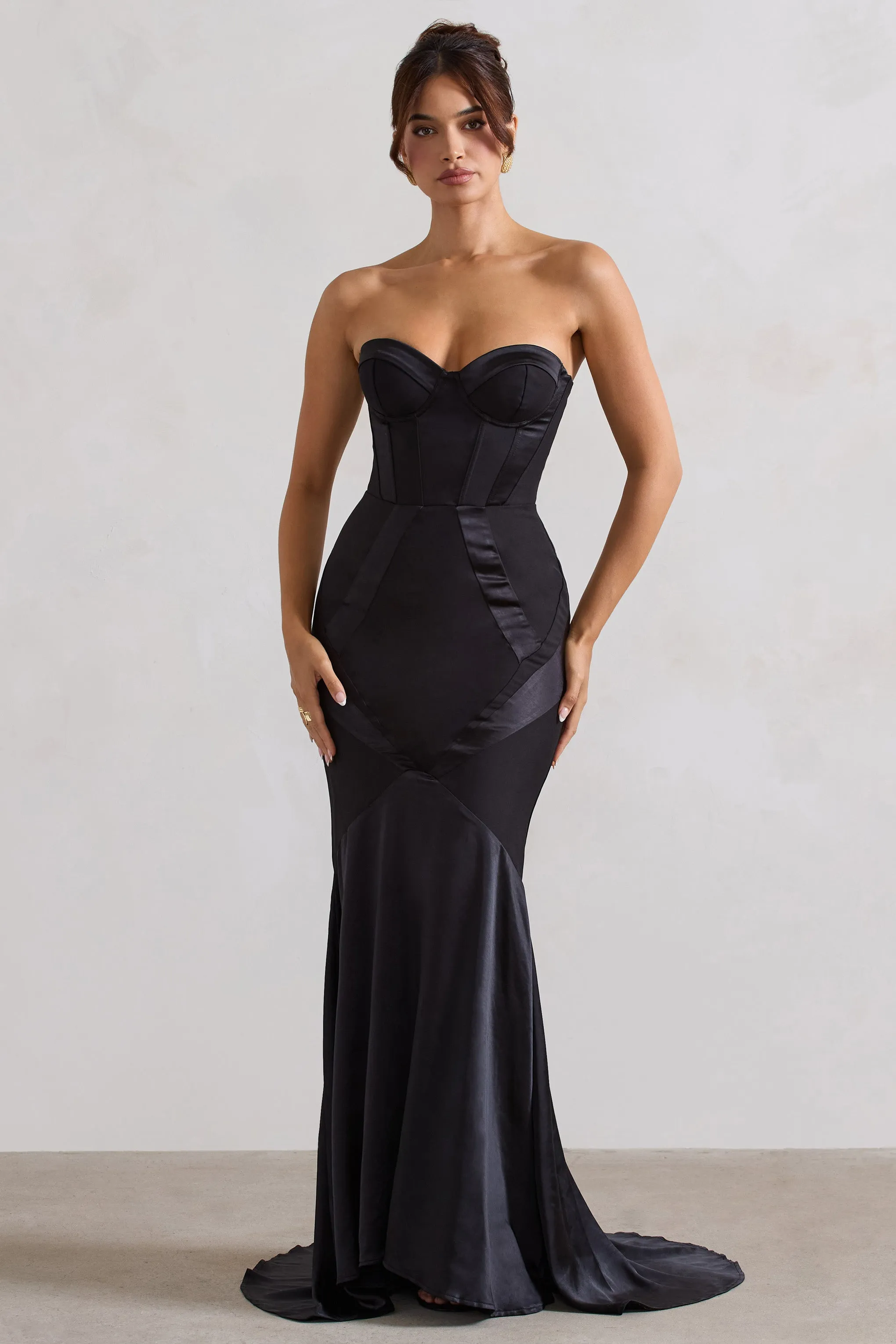 Custom | Black Satin Sweetheart Corset Fishtail Maxi Dress sold by Club L London product image thumbnail 5