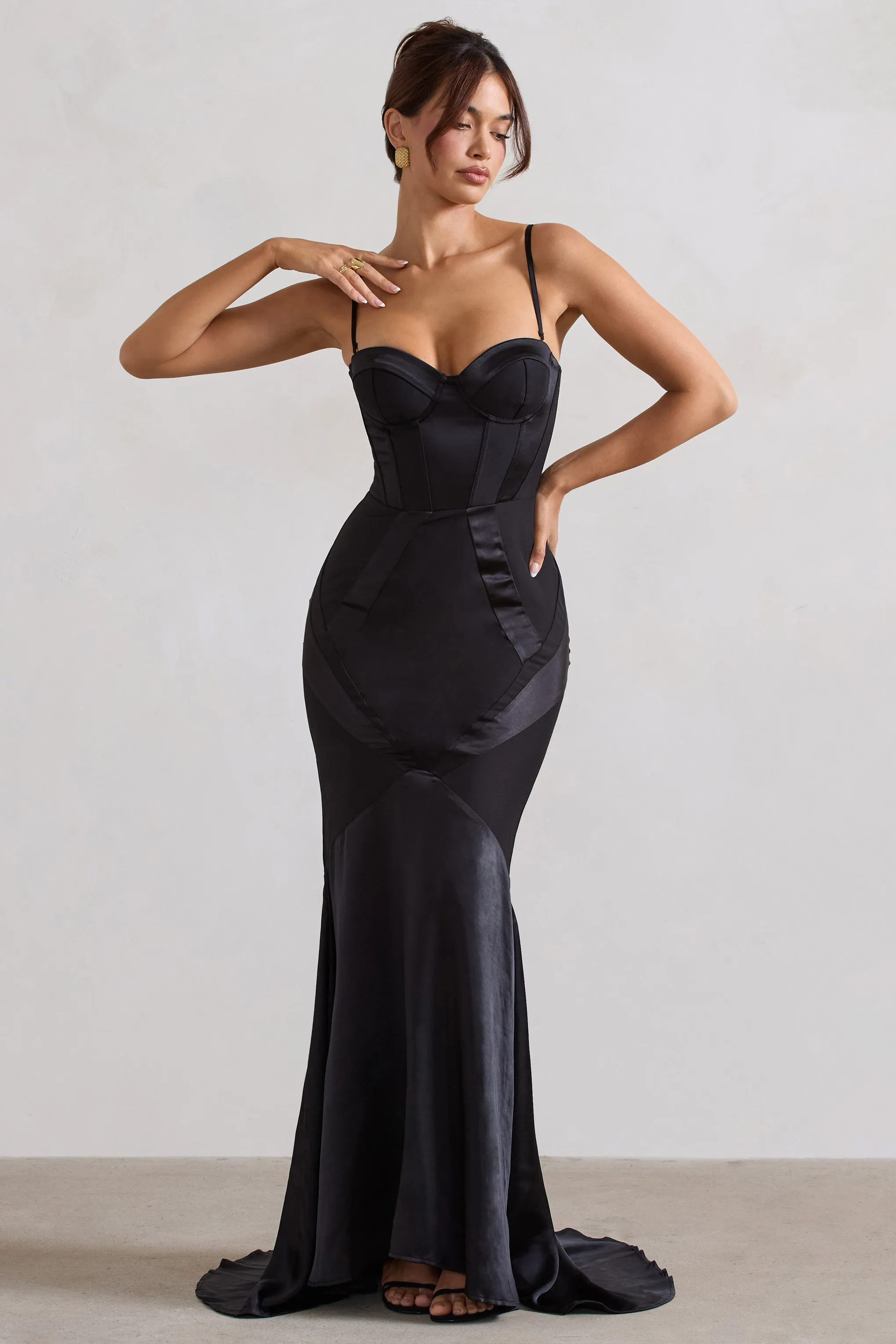 Custom | Black Satin Sweetheart Corset Fishtail Maxi Dress sold by Club L London product image thumbnail 4