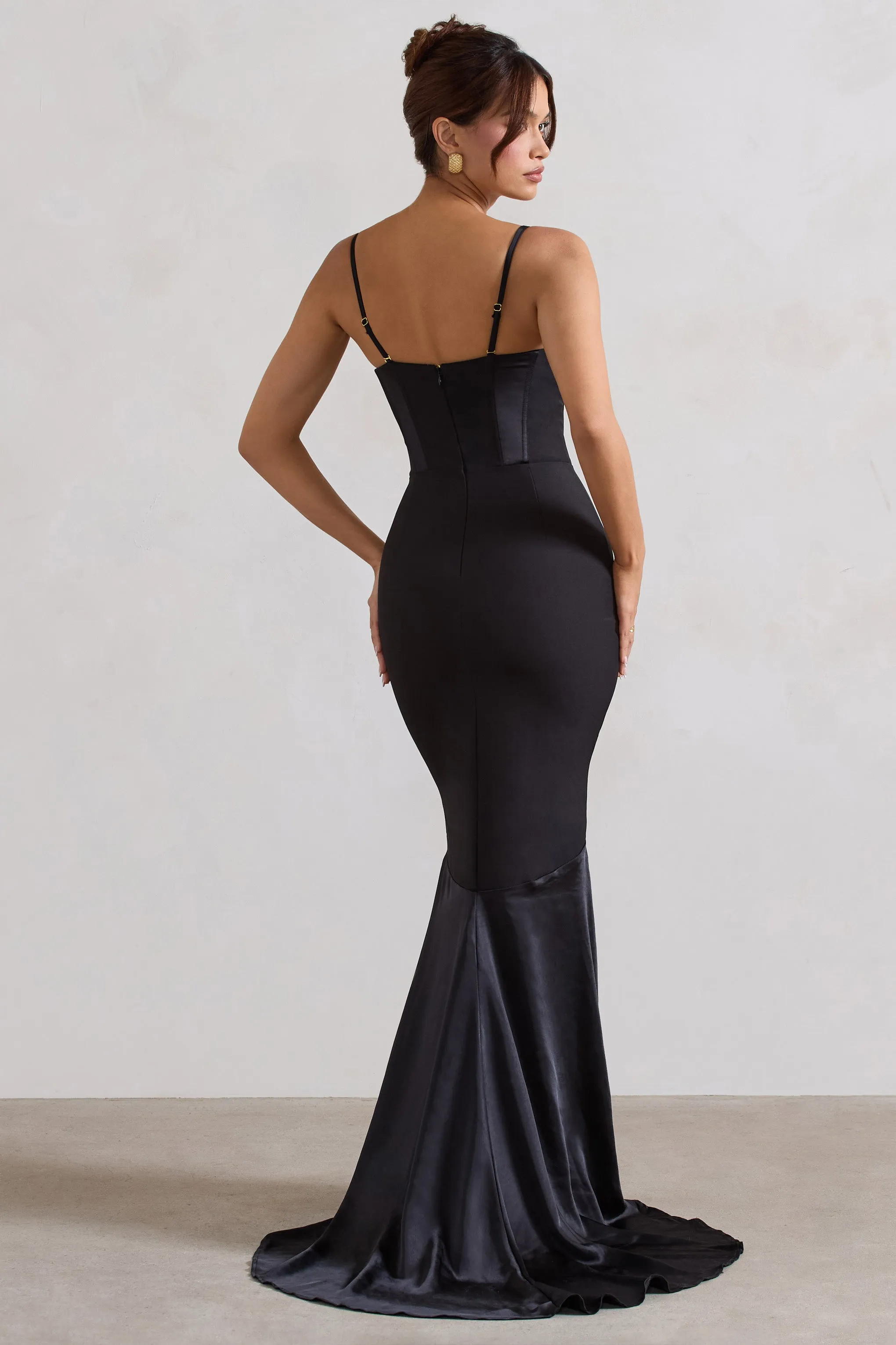 Custom | Black Satin Sweetheart Corset Fishtail Maxi Dress sold by Club L London product image thumbnail 3