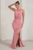 Forever Dreaming | Rose Backless Halterneck Ruched Split Maxi Dress sold by Club L London