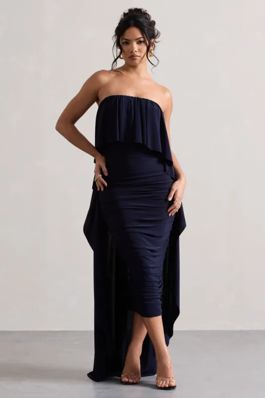 Upon A Time | Navy Ruched Bandeau Midi Dress With Cape sold by Club L London