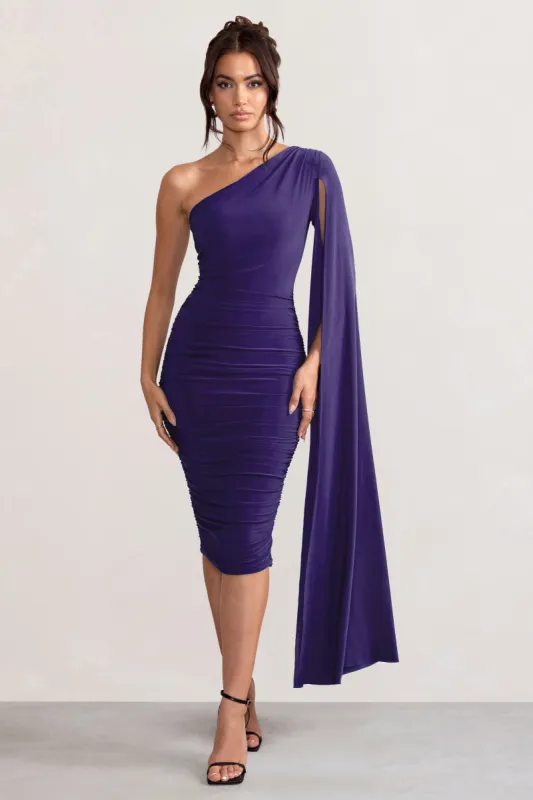 Yara | Purple One Shoulder Cape Ruched Midi Dress sold by Club L London