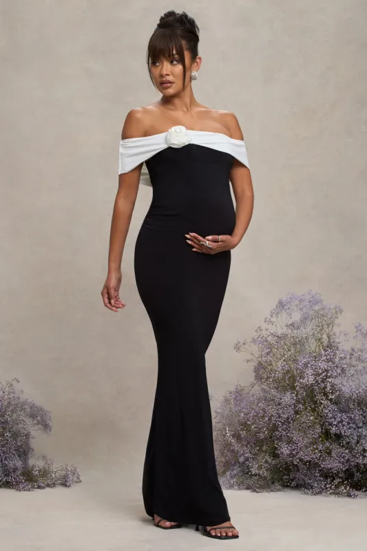 In Bloom | Black & White Bardot Maternity Maxi Dress With Flower sold by Club L London