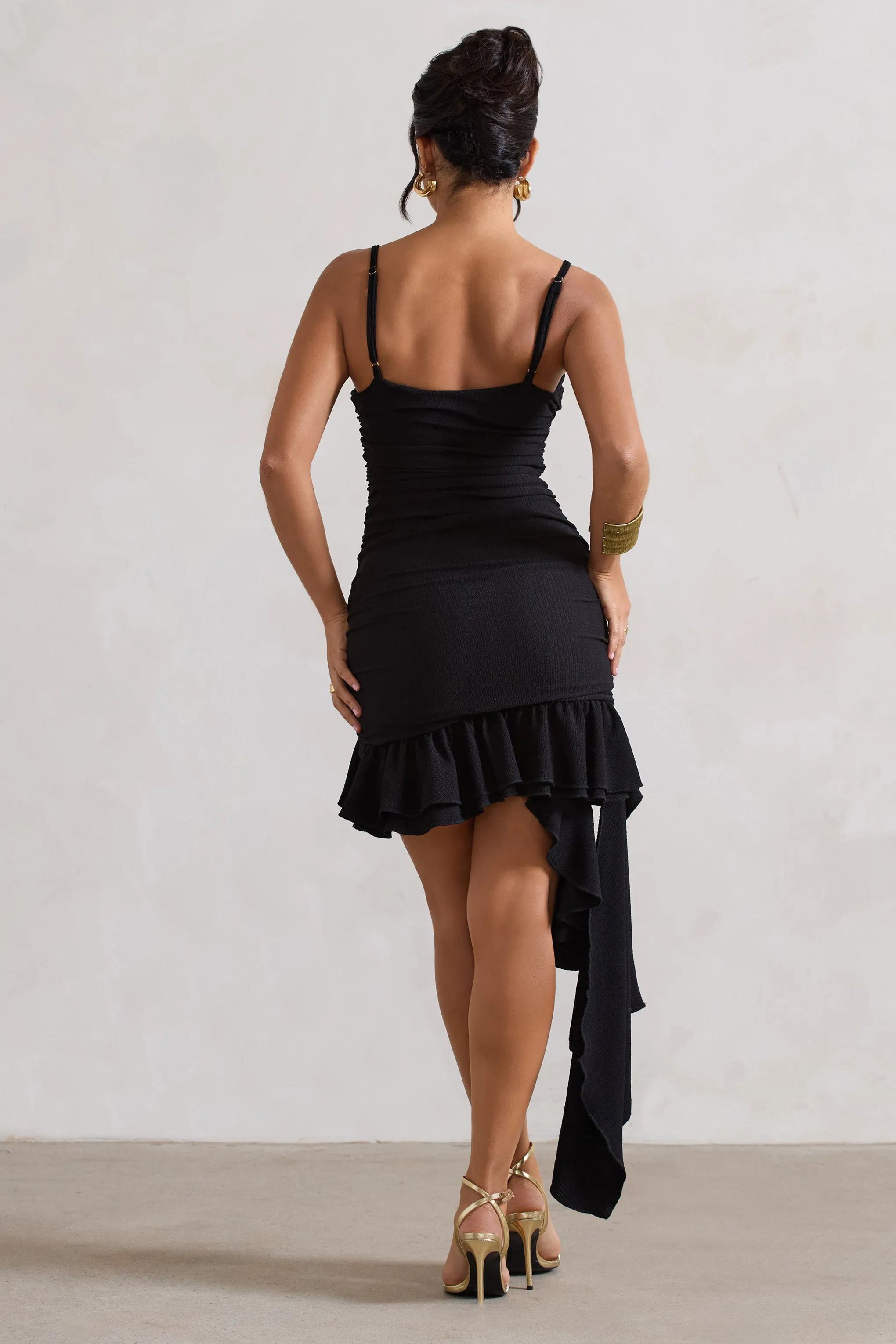 Fleetwood | Black Ruched Mini Dress With Asymmetric Ruffle Hem sold by Club L London product image thumbnail 2