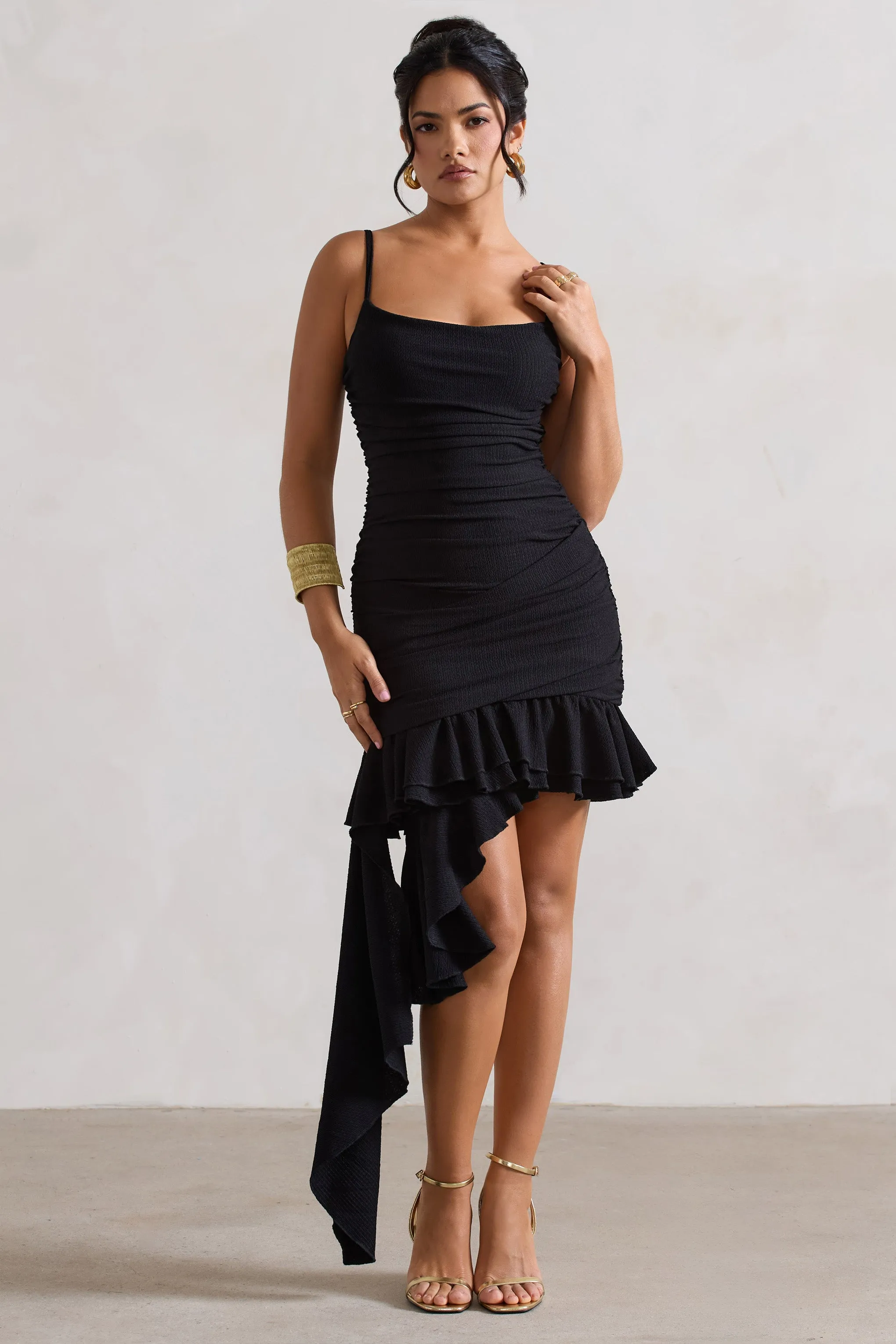 Fleetwood | Black Ruched Mini Dress With Asymmetric Ruffle Hem sold by Club L London product image thumbnail 5