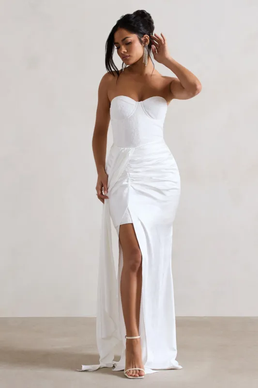 Valencia | Cream Lace Corset Maxi Dress With Detachable Skirt sold by Club L London