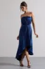 Willa | Navy Satin Bandeau Maxi Dress With Asymmetric Hem sold by Club L London