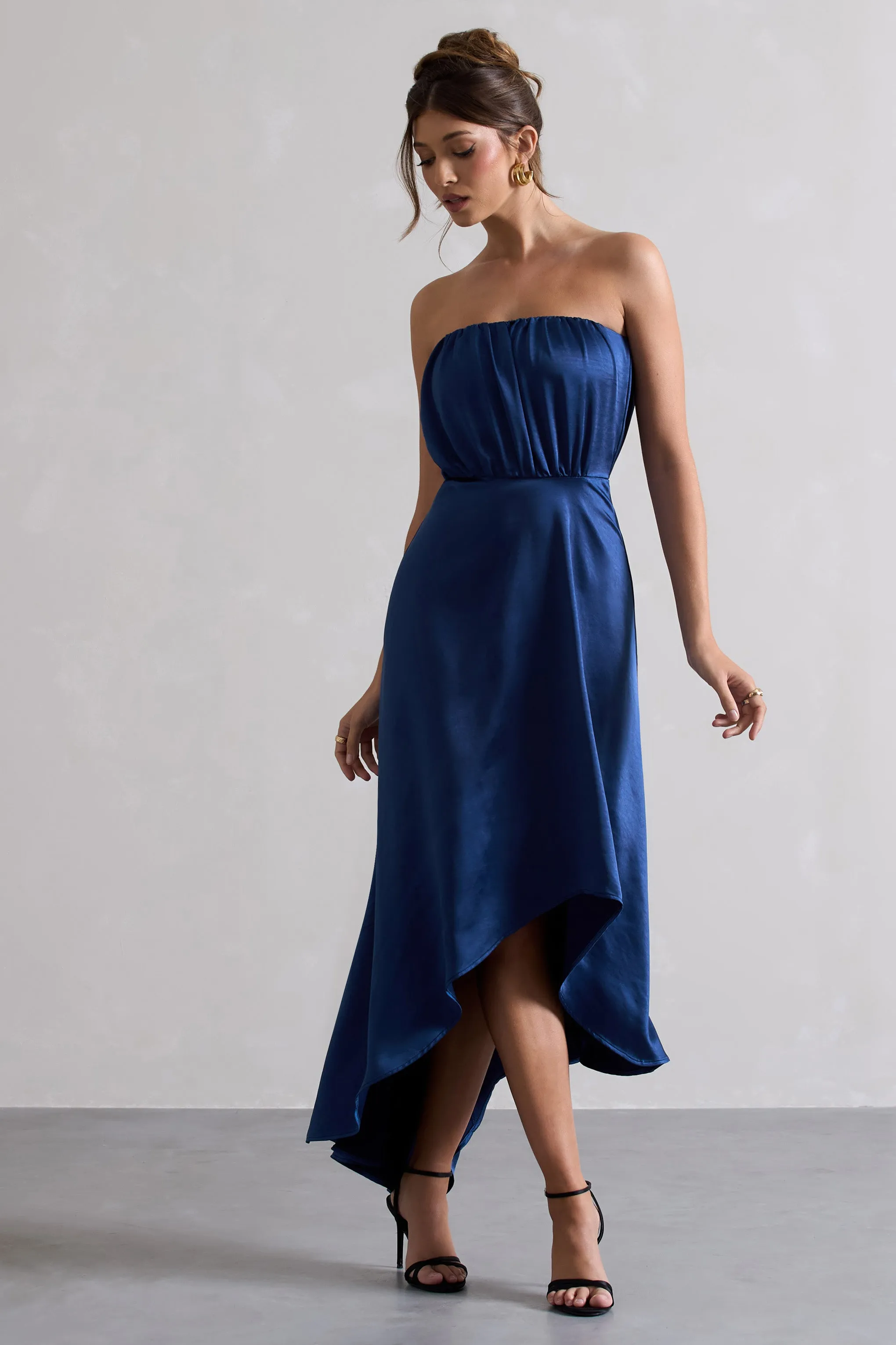 Willa | Navy Satin Bandeau Maxi Dress With Asymmetric Hem sold by Club L London product image thumbnail 5