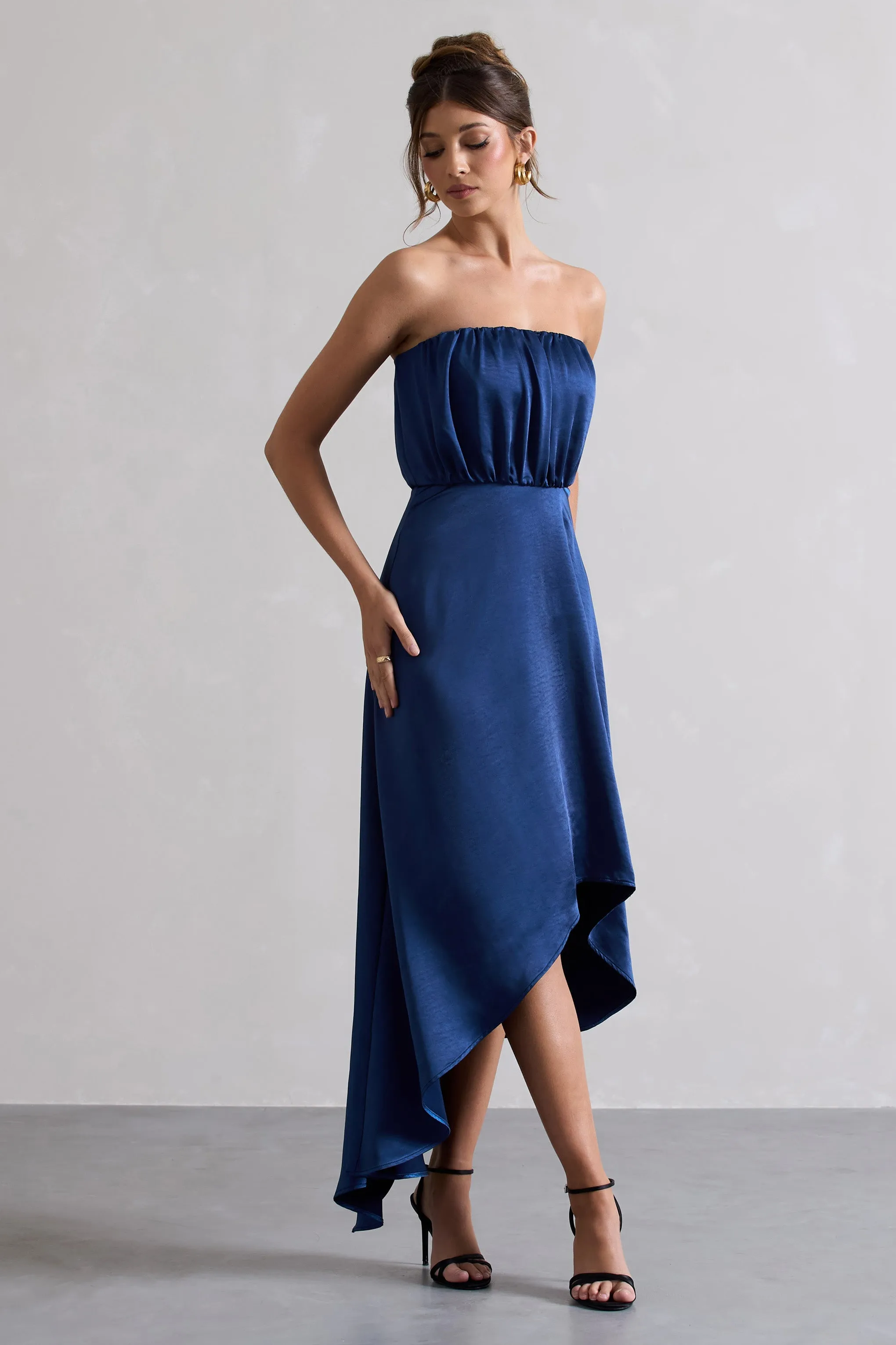 Willa | Navy Satin Bandeau Maxi Dress With Asymmetric Hem sold by Club L London product image thumbnail 4