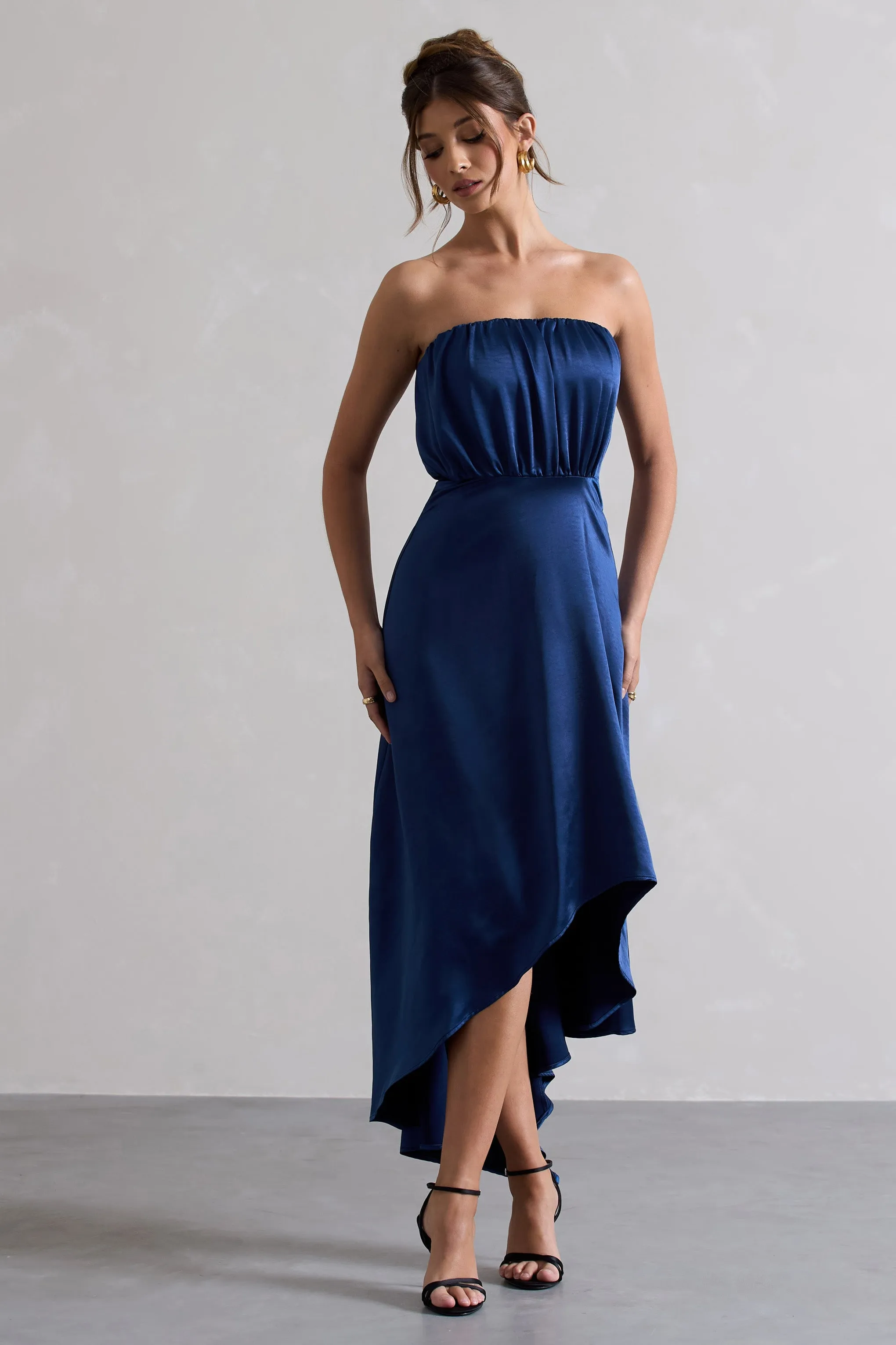 Willa | Navy Satin Bandeau Maxi Dress With Asymmetric Hem sold by Club L London