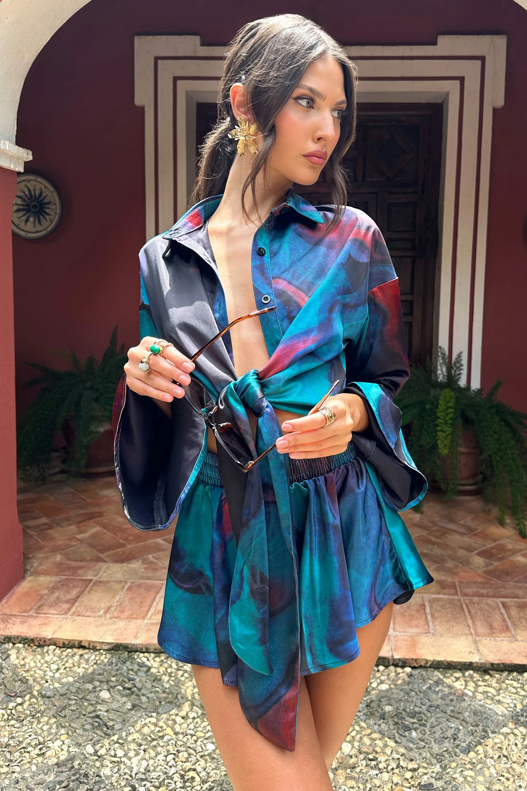 Marisela | Blue Print Satin Flared Sleeve Cropped Shirt sold by Club L London product image thumbnail 2