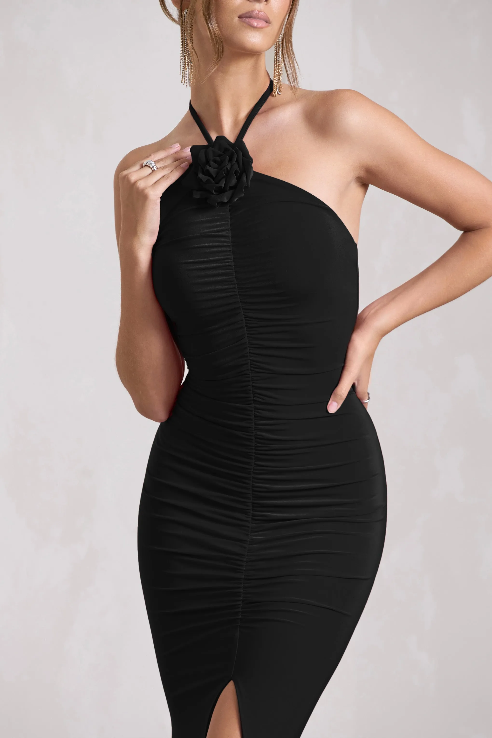 Holly | Black Ruched Halter-Neck Split Fishtail Maxi Dress sold by Club L London product image thumbnail 3