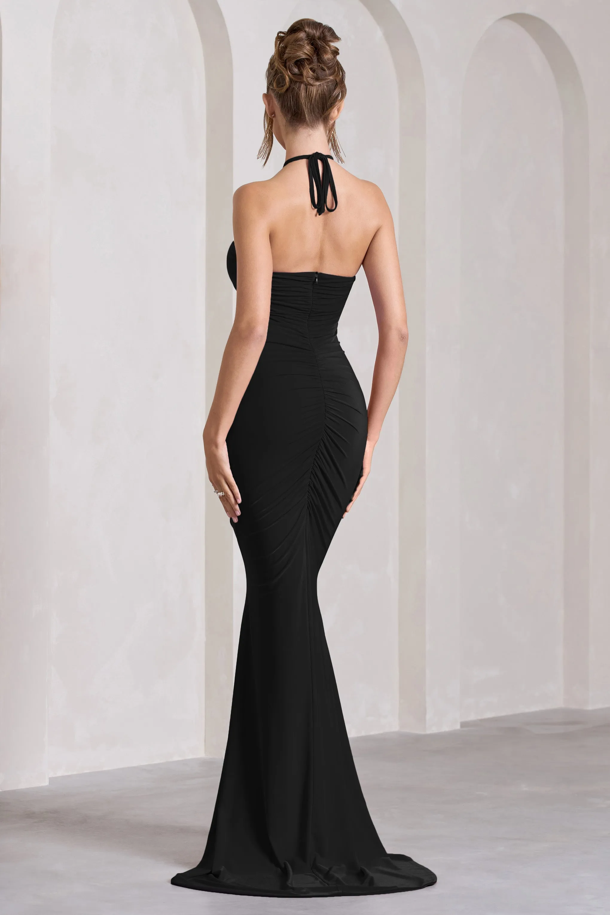 Holly | Black Ruched Halter-Neck Split Fishtail Maxi Dress sold by Club L London product image thumbnail 2