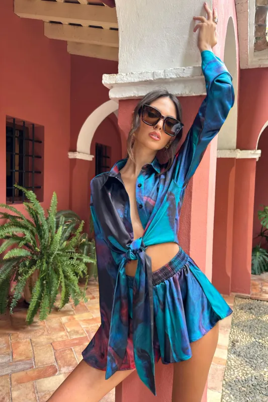 Marisela | Blue Print Satin Flared Sleeve Cropped Shirt sold by Club L London