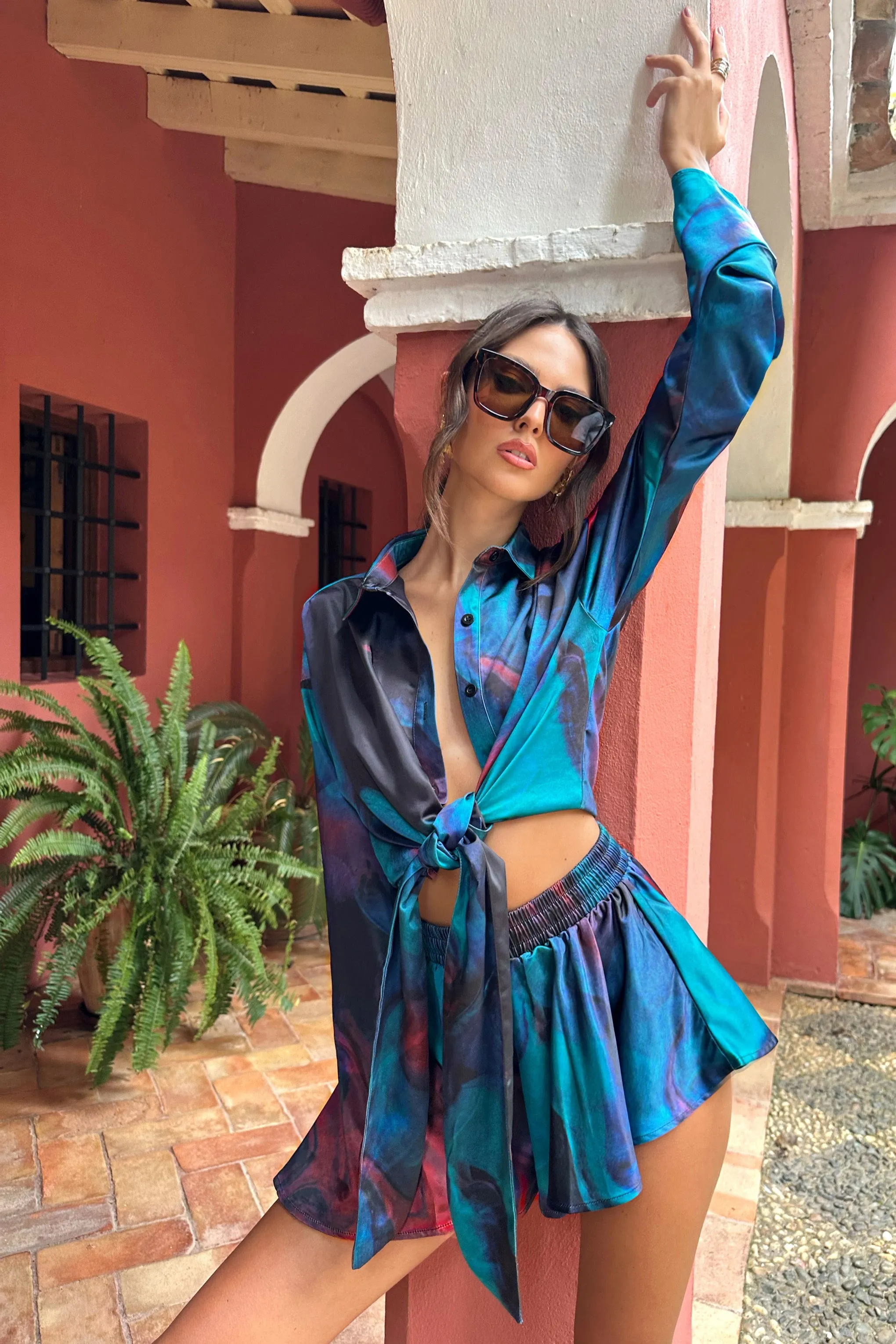 Marisela | Blue Print Satin Flared Sleeve Cropped Shirt sold by Club L London