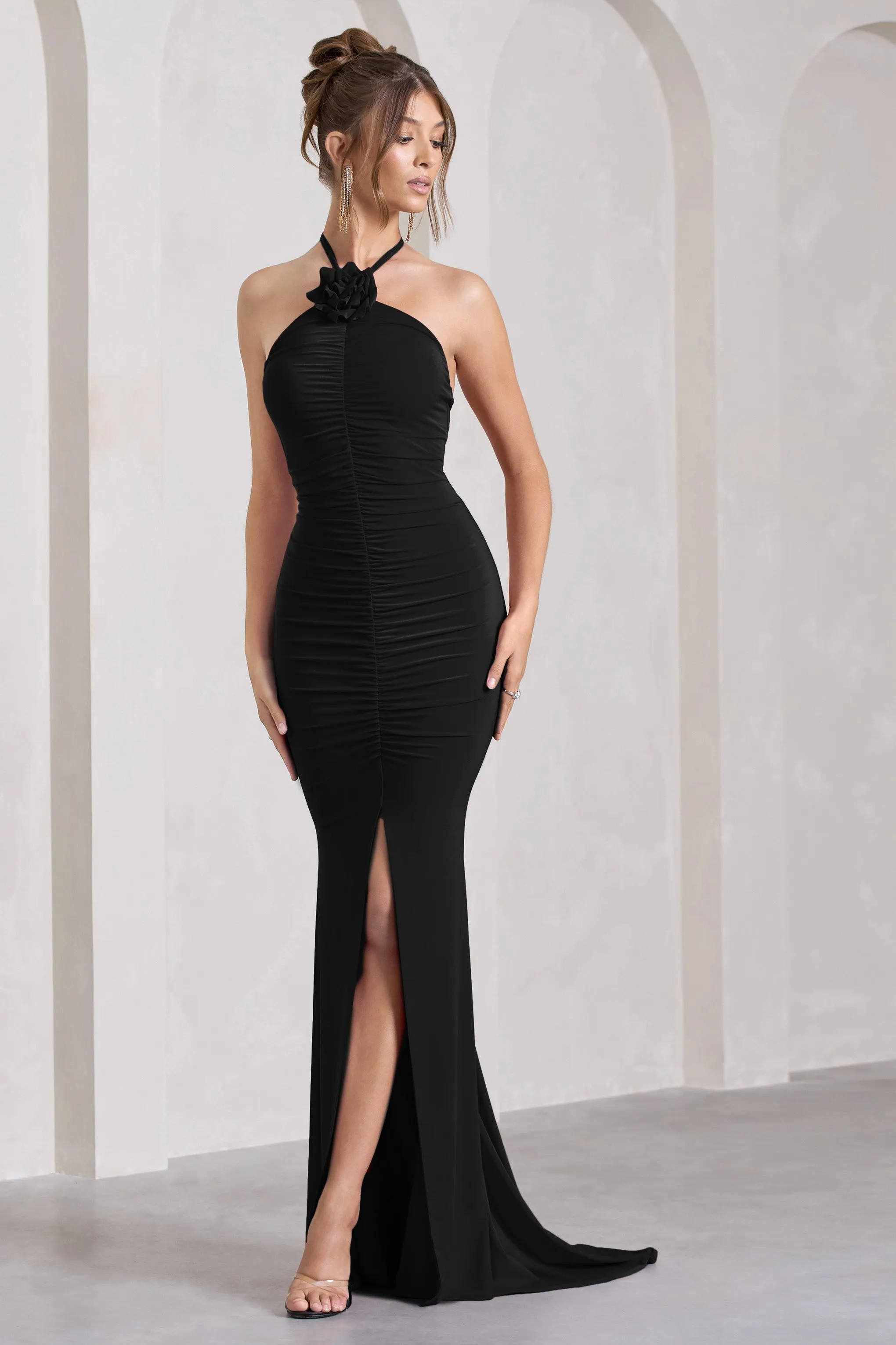 Holly | Black Ruched Halter-Neck Split Fishtail Maxi Dress sold by Club L London