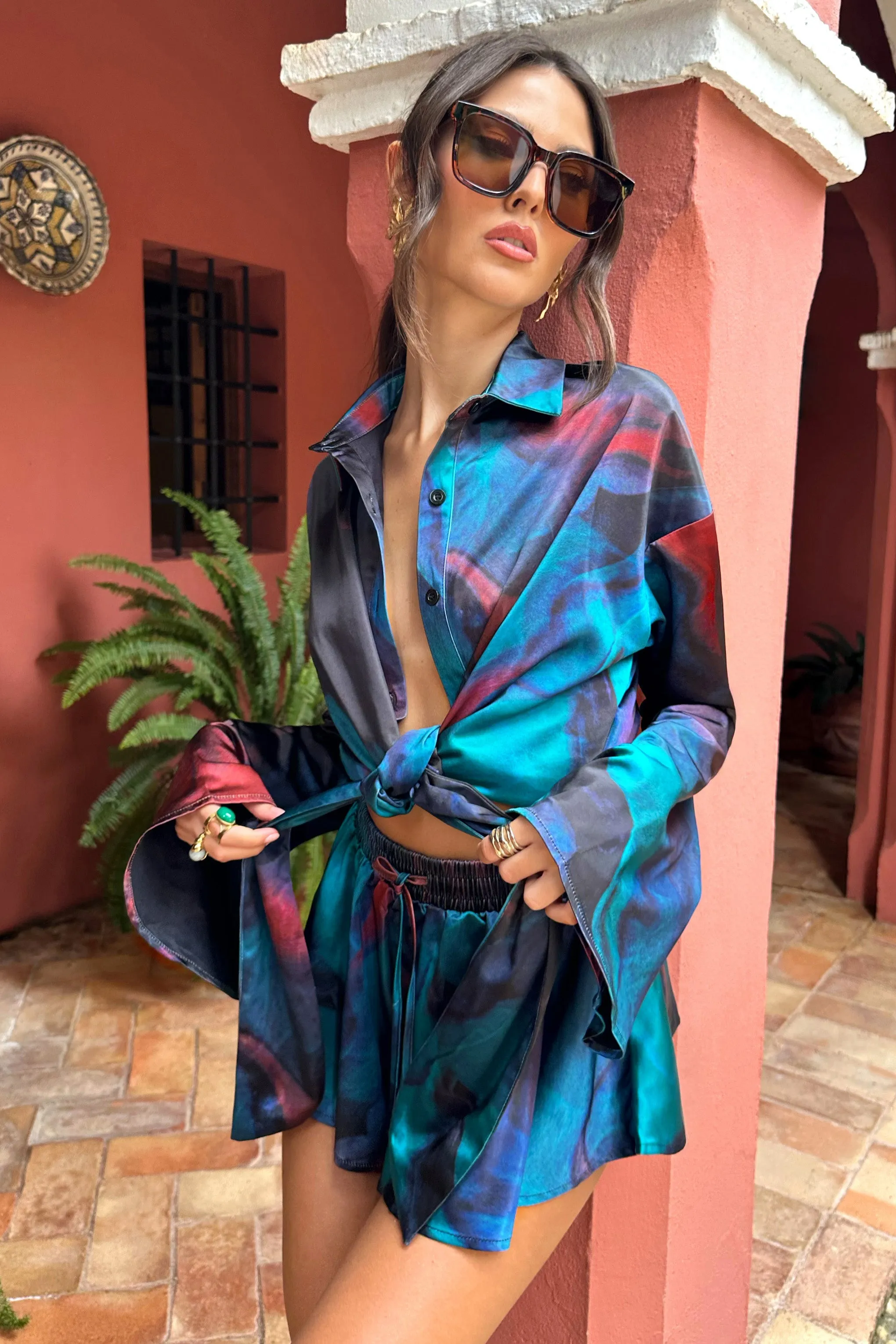 Marisela | Blue Print Satin Flared Sleeve Cropped Shirt sold by Club L London product image thumbnail 3