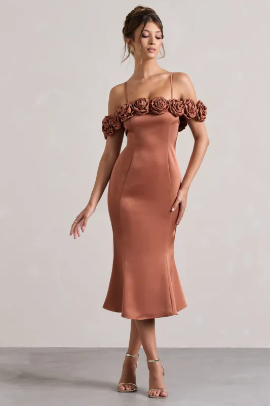 Petunia | Rust Satin Floral Bardot Midi Dress sold by Club L London