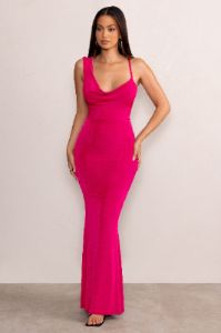 Phantasy | Hot Pink Asymmetric Neckline Cowl Maxi Dress sold by Club L London