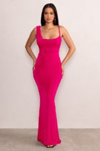Phantasy | Hot Pink Asymmetric Neckline Cowl Maxi Dress sold by Club L London